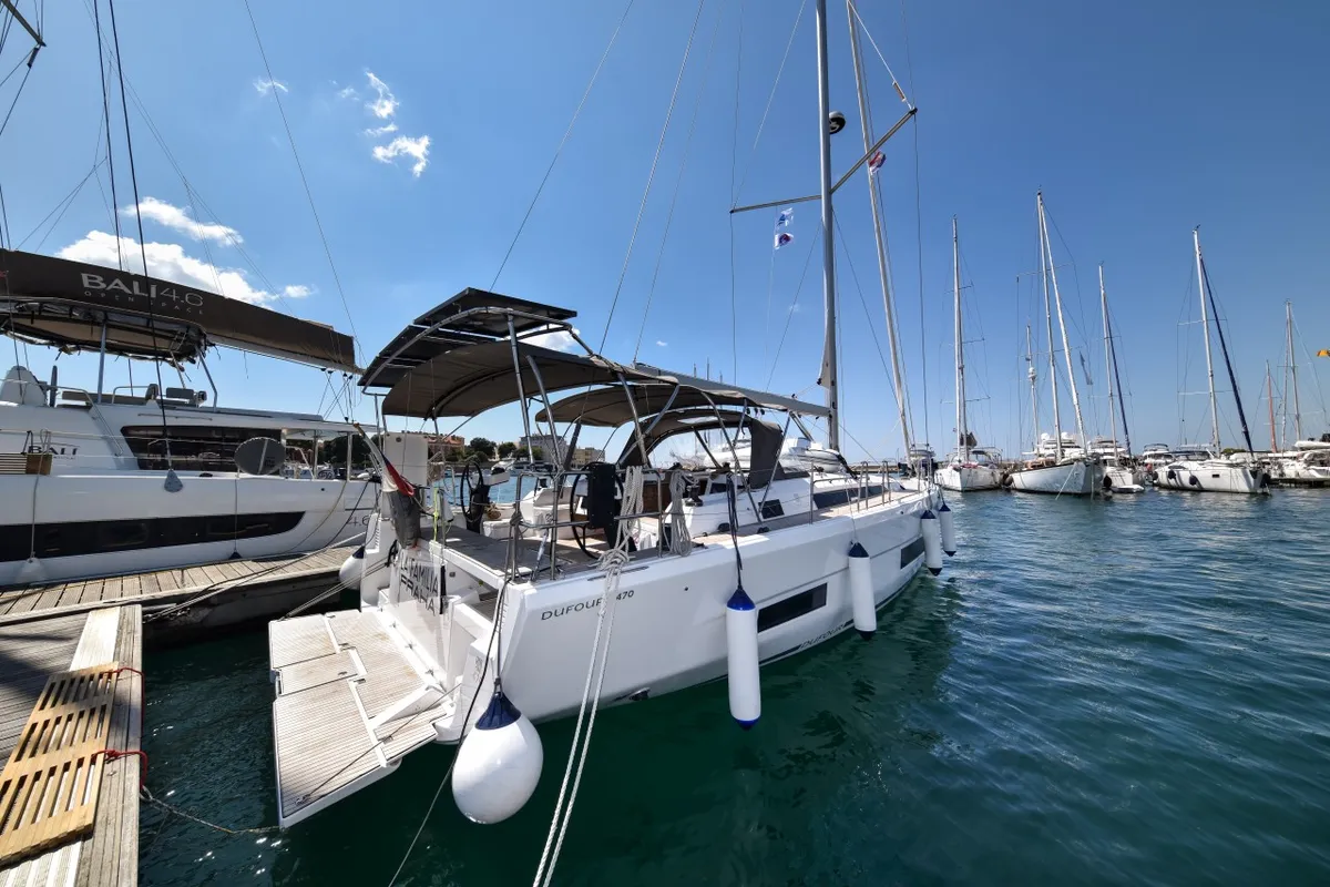 Exterior view of La Familia, a Dufour 470 sailboat at Zadar, Croatia