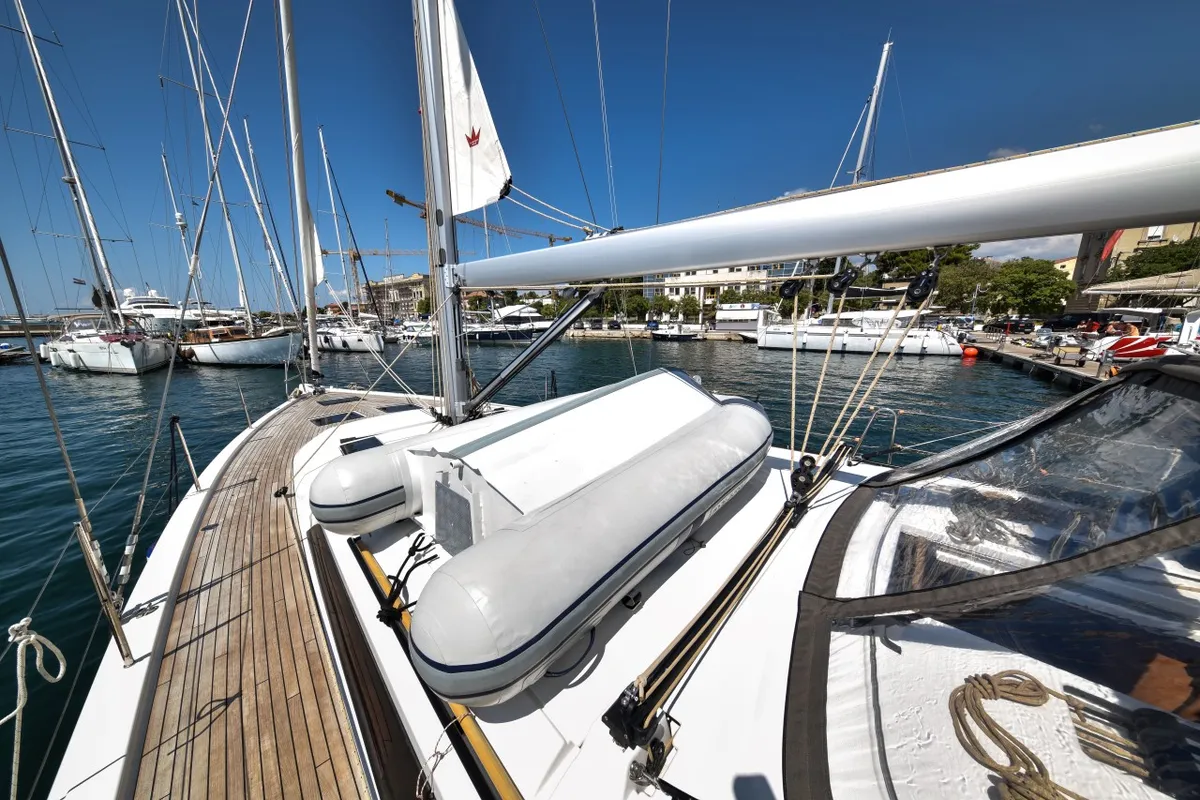 Deck of La Familia, a Dufour 470 sailboat at Zadar, Croatia
