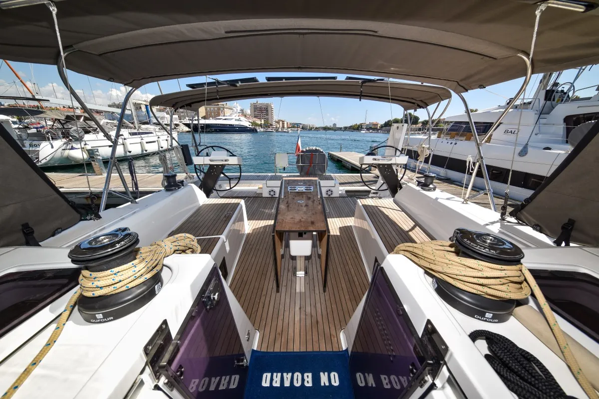 Cockpit of La Familia, a Dufour 470 sailboat at Zadar, Croatia
