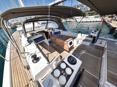 Cockpit of La Familia, a Dufour 470 sailboat at Zadar, Croatia