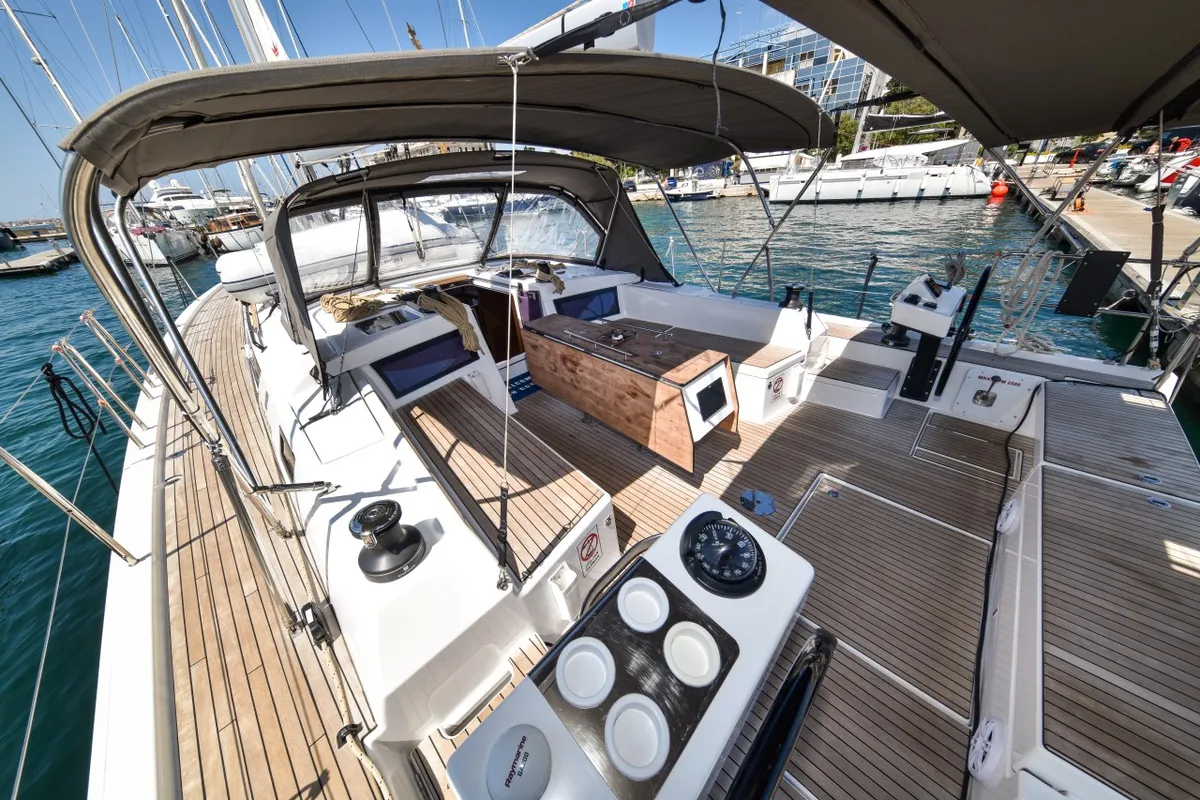Cockpit of La Familia, a Dufour 470 sailboat at Zadar, Croatia
