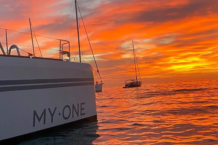 Exterior view of My One, a Lagoon 52 F catamaran at Cagliari, Italy