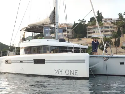 Exterior view of My One, a Lagoon 52 F catamaran at Cagliari, Italy