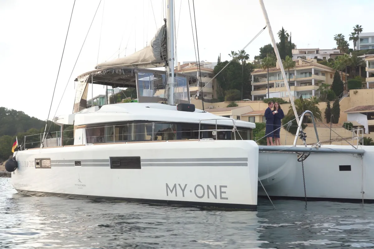 Exterior view of My One, a Lagoon 52 F catamaran at Cagliari, Italy