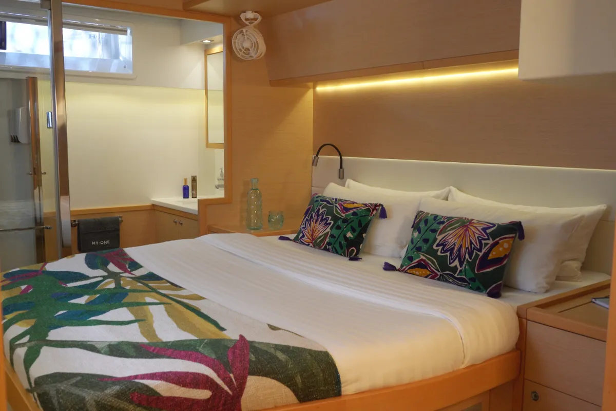 Cabin on My One, a Lagoon 52 F catamaran at Cagliari, Italy