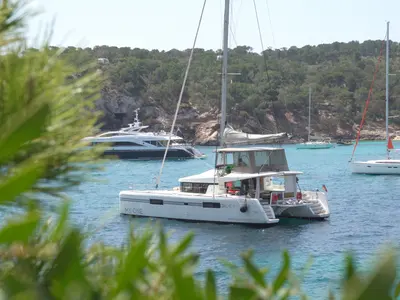 Exterior view of My One, a Lagoon 52 F catamaran at Cagliari, Italy