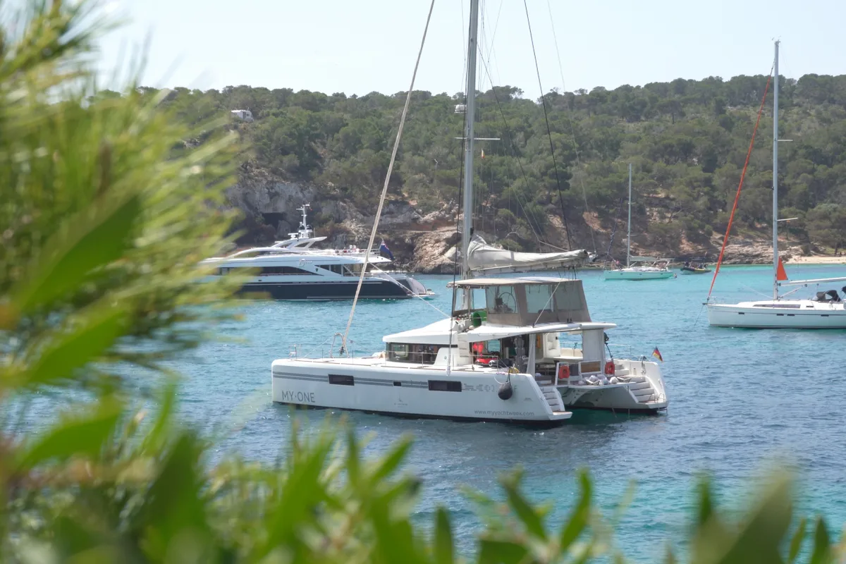 Exterior view of My One, a Lagoon 52 F catamaran at Cagliari, Italy