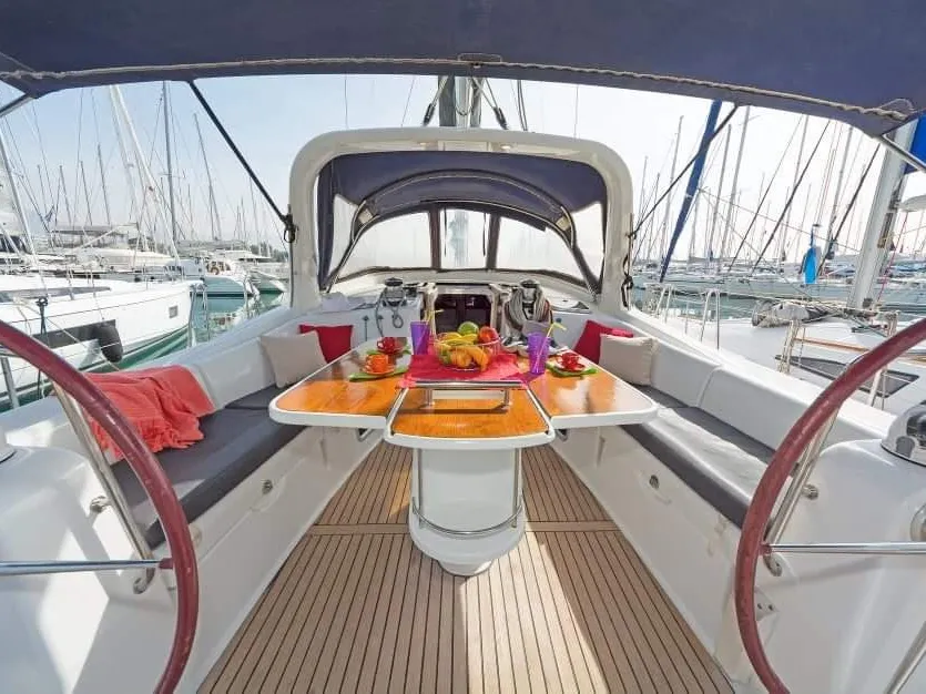 Cockpit of Sūeno, a Beneteau Oceanis 50 sailboat at Athens, Greece