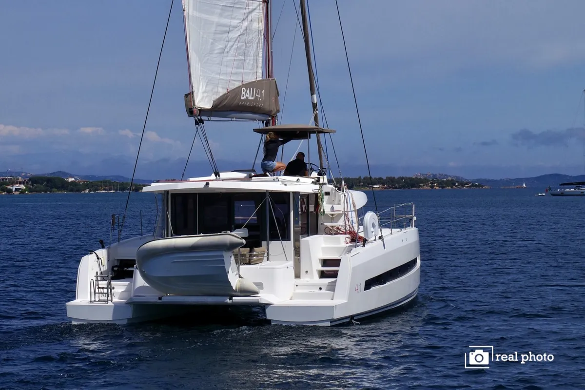 Exterior view of Dafne, a Bali 4.1 catamaran at Cannigione, Italy