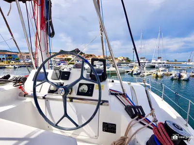 Cockpit of Dafne, a Bali 4.1 catamaran at Cannigione, Italy