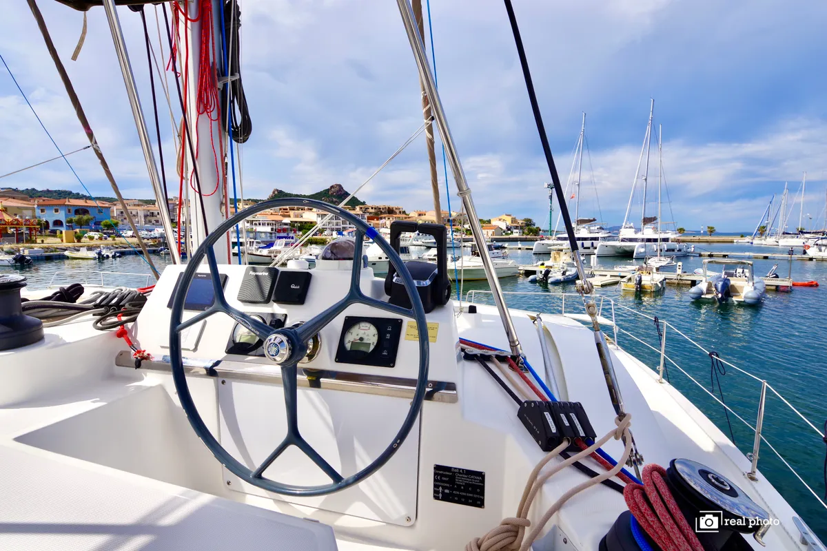 Cockpit of Dafne, a Bali 4.1 catamaran at Cannigione, Italy