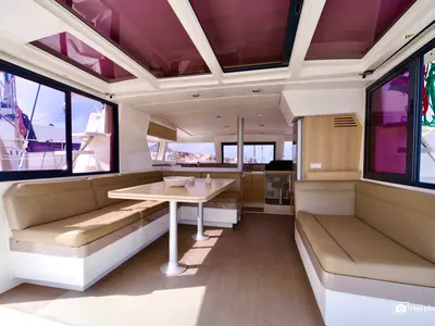 Salon of Dafne, a Bali 4.1 catamaran at Cannigione, Italy