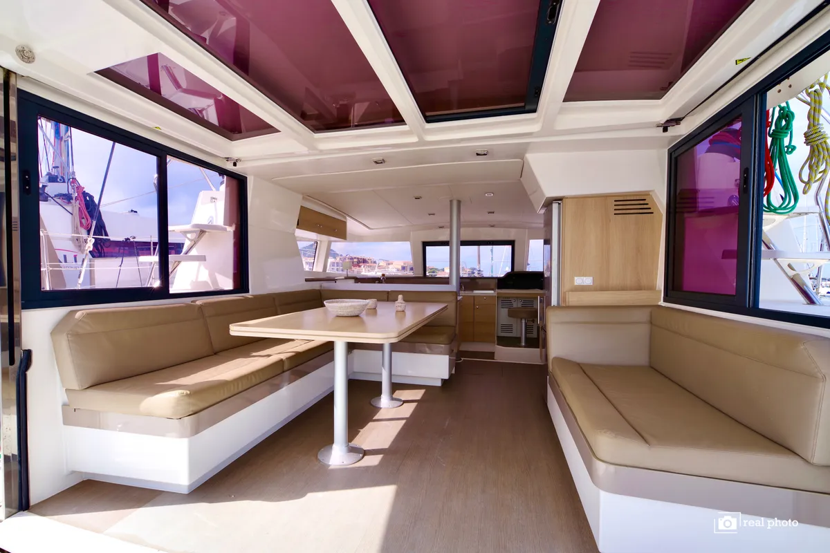 Salon of Dafne, a Bali 4.1 catamaran at Cannigione, Italy