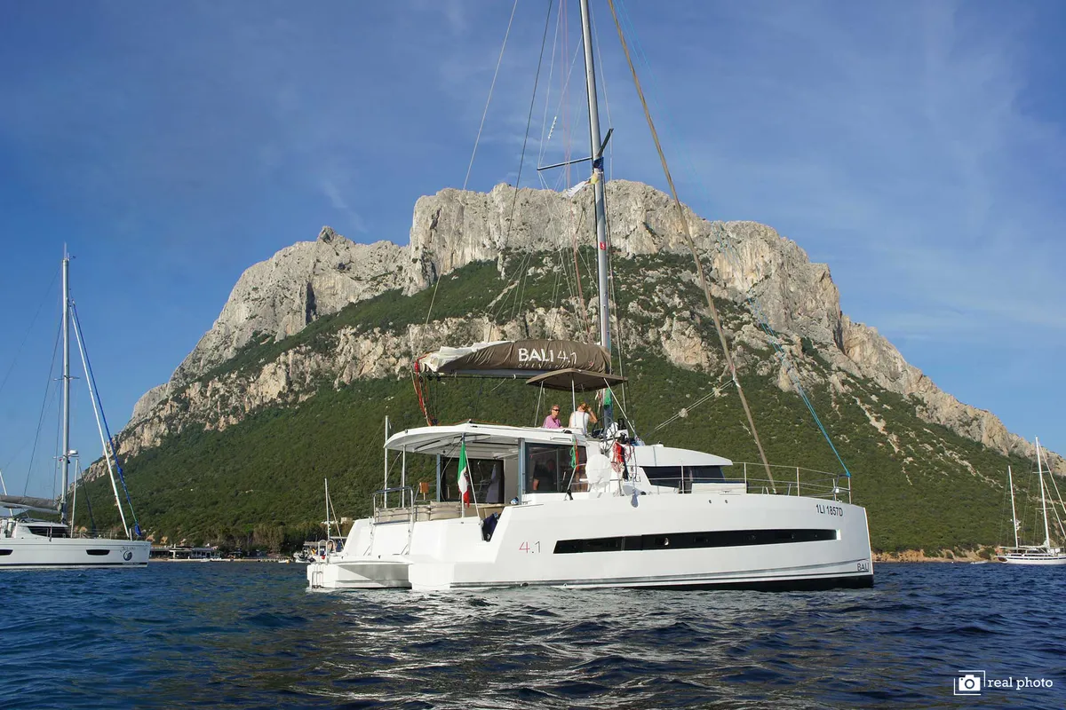 Exterior view of Dafne, a Bali 4.1 catamaran at Cannigione, Italy