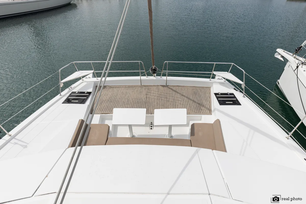 Deck of Dafne, a Bali 4.1 catamaran at Cannigione, Italy