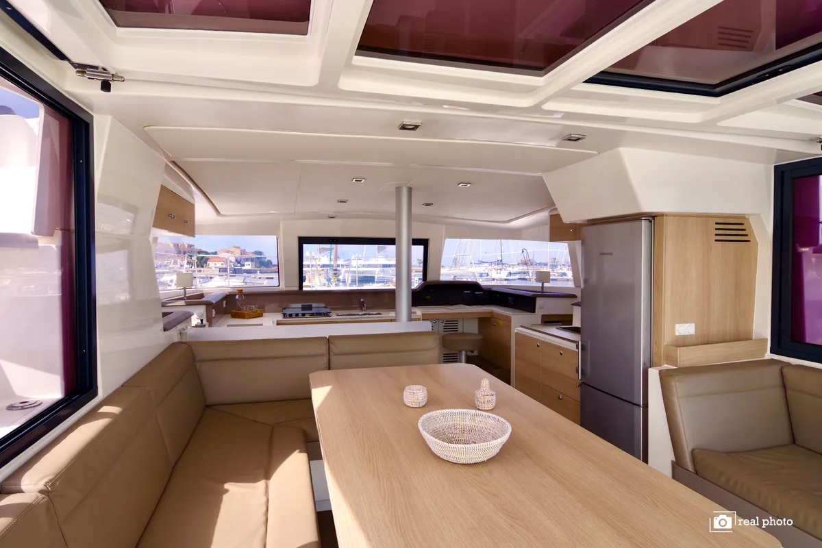 Salon of Dafne, a Bali 4.1 catamaran at Cannigione, Italy