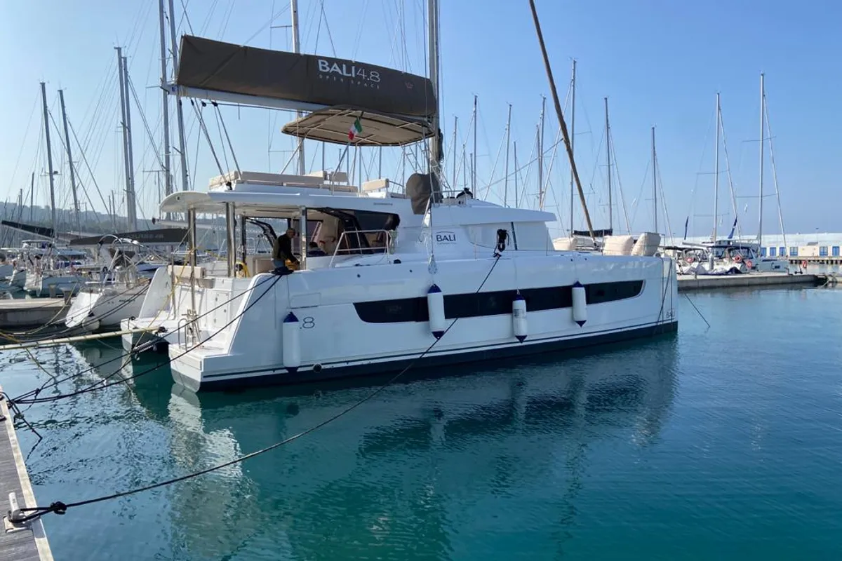 Exterior view of Terra, a Bali 4.8 catamaran at Olbia, Italy