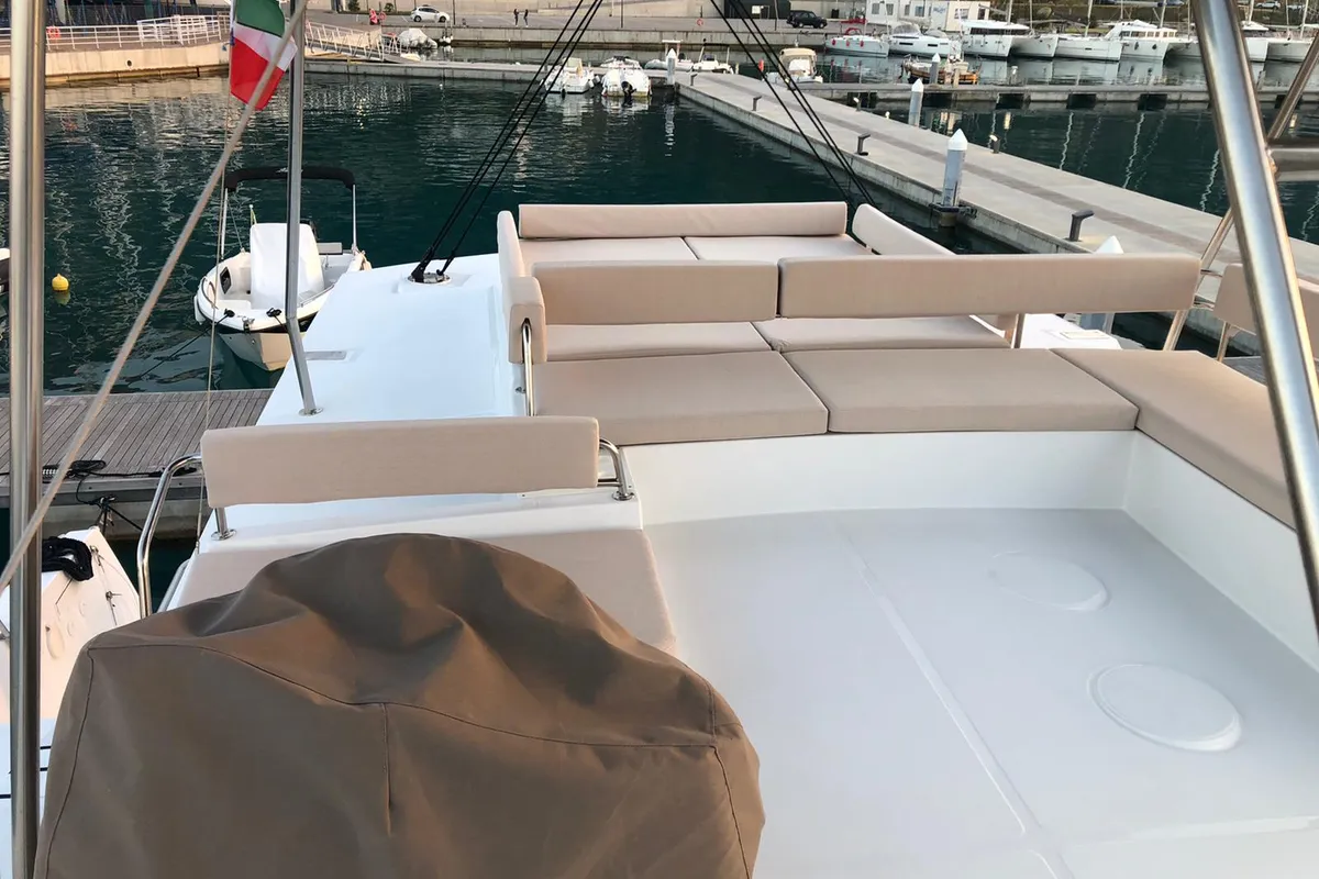 Deck of Terra, a Bali 4.8 catamaran at Olbia, Italy