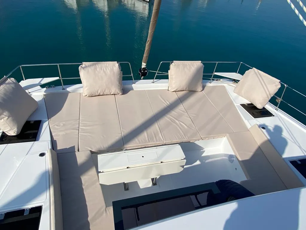 Deck of Terra, a Bali 4.8 catamaran at Olbia, Italy