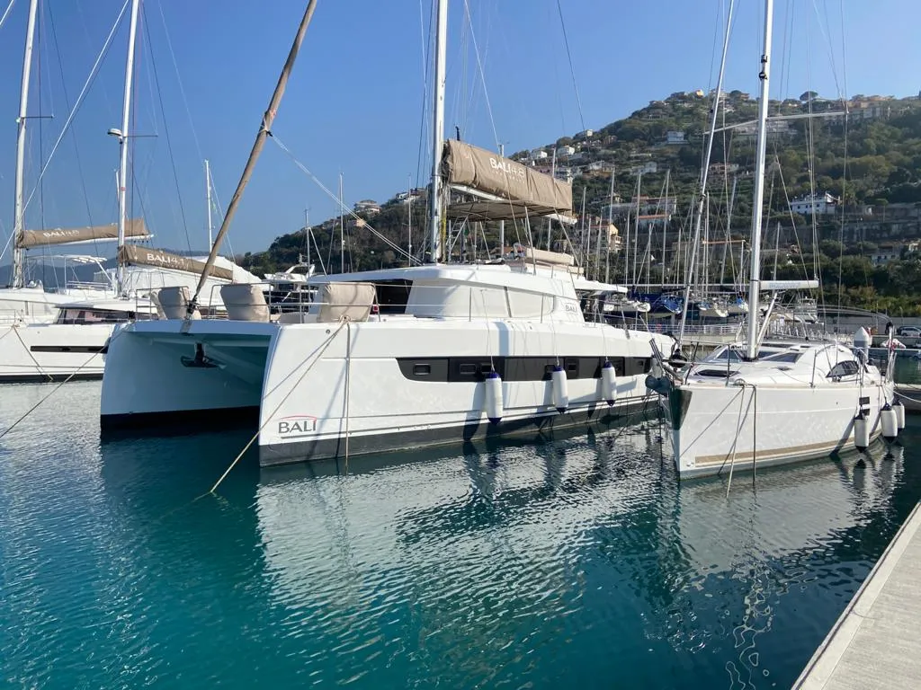 Exterior view of Terra, a Bali 4.8 catamaran at Olbia, Italy