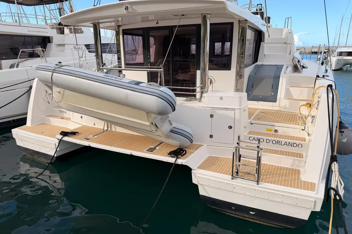 Exterior view of Terra, a Bali 4.8 catamaran at Olbia, Italy