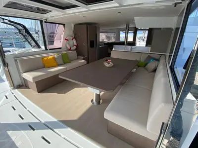 Salon of Terra, a Bali 4.8 catamaran at Olbia, Italy