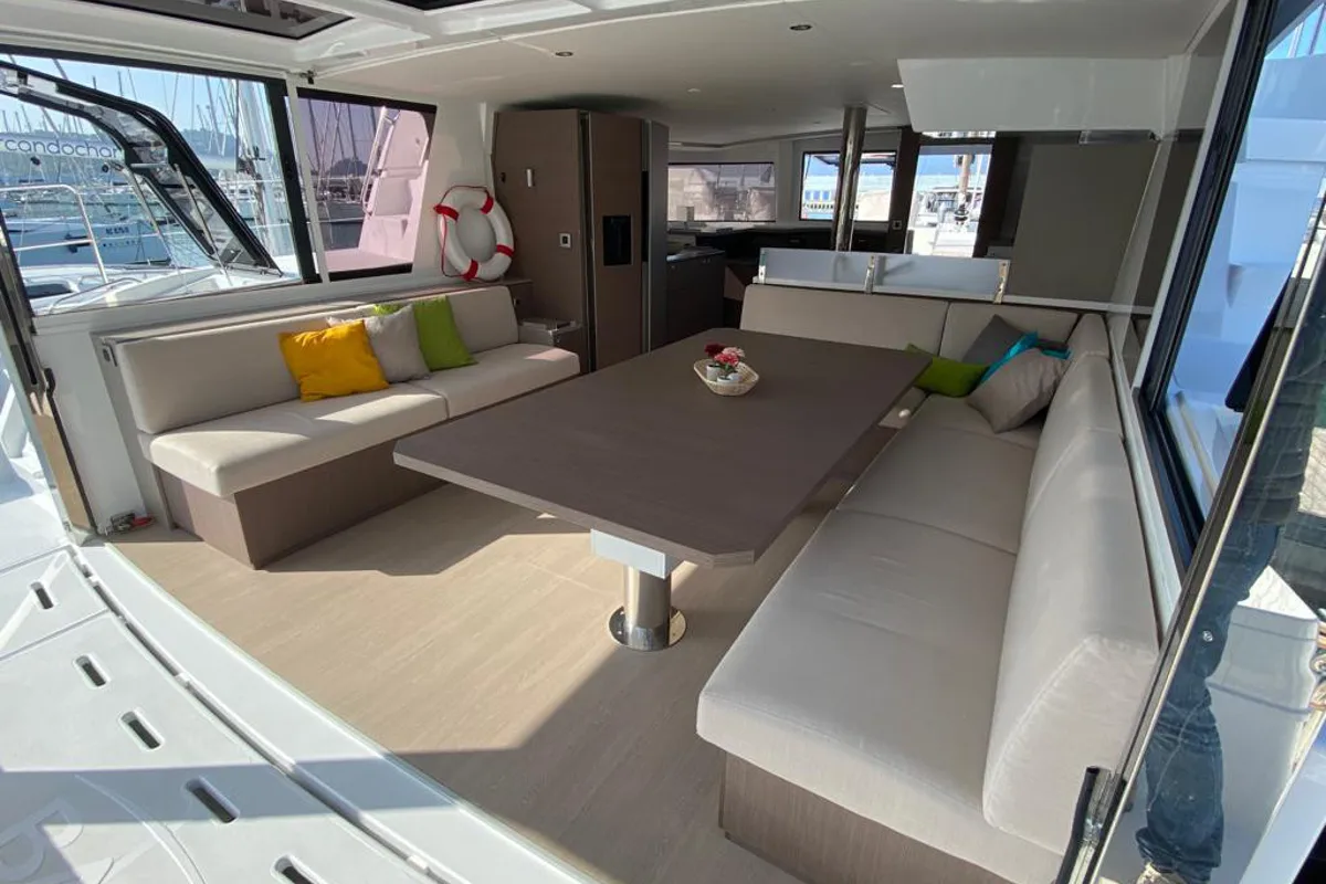 Salon of Terra, a Bali 4.8 catamaran at Olbia, Italy