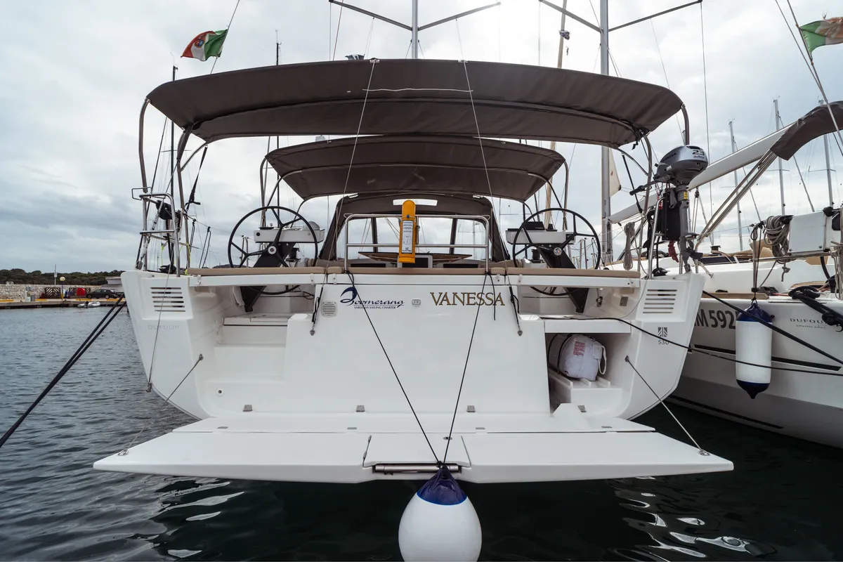 Exterior view of Vanessa, a Dufour 530 sailboat at Olbia, Italy