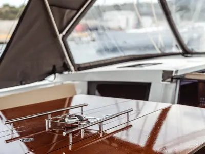 Deck of Vanessa, a Dufour 530 sailboat at Olbia, Italy