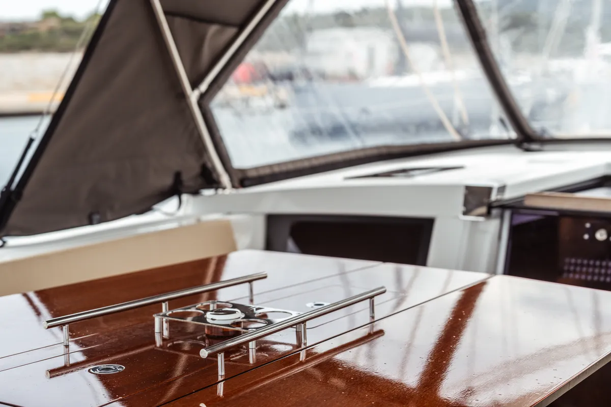 Deck of Vanessa, a Dufour 530 sailboat at Olbia, Italy