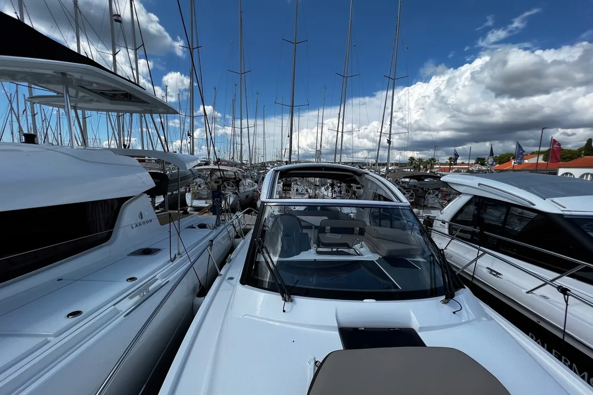 Exterior view of Rio, a Bavaria 33 Sport HT motorboat at Grad Pula, Croatia