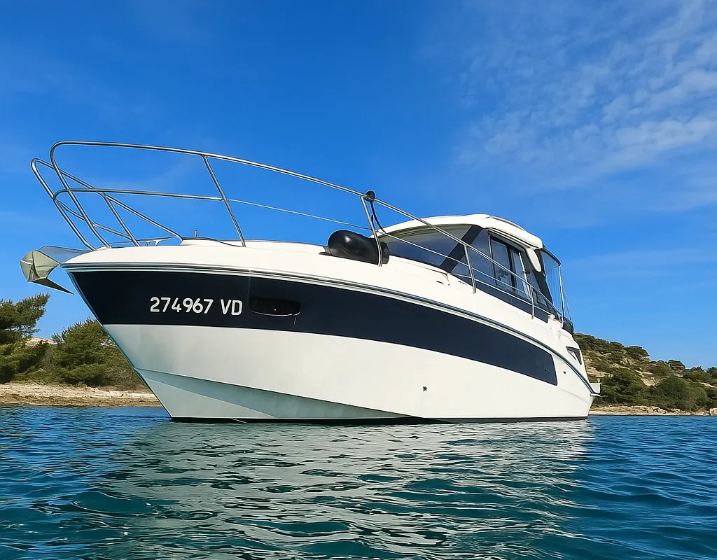 Exterior view of Rio, a Bavaria 33 Sport HT motorboat at Grad Pula, Croatia