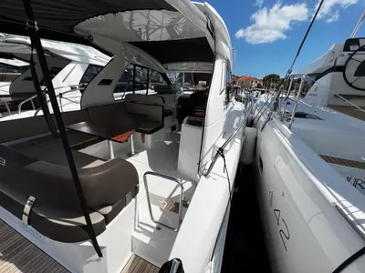 Deck of Rio, a Bavaria 33 Sport HT motorboat at Grad Pula, Croatia