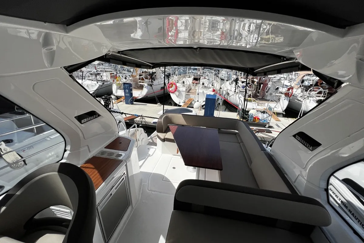 Deck of Rio, a Bavaria 33 Sport HT motorboat at Grad Pula, Croatia