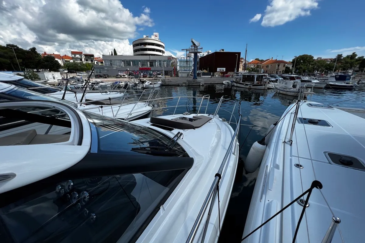 Exterior view of Rio, a Bavaria 33 Sport HT motorboat at Grad Pula, Croatia