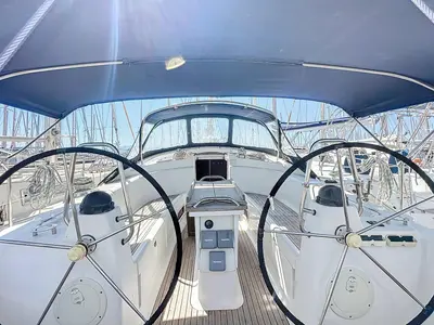 Cockpit of Okeanis, a Bavaria 42 sailboat at Athens, Greece