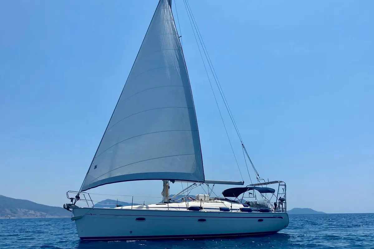 Exterior view of Okeanis, a Bavaria 42 sailboat at Athens, Greece