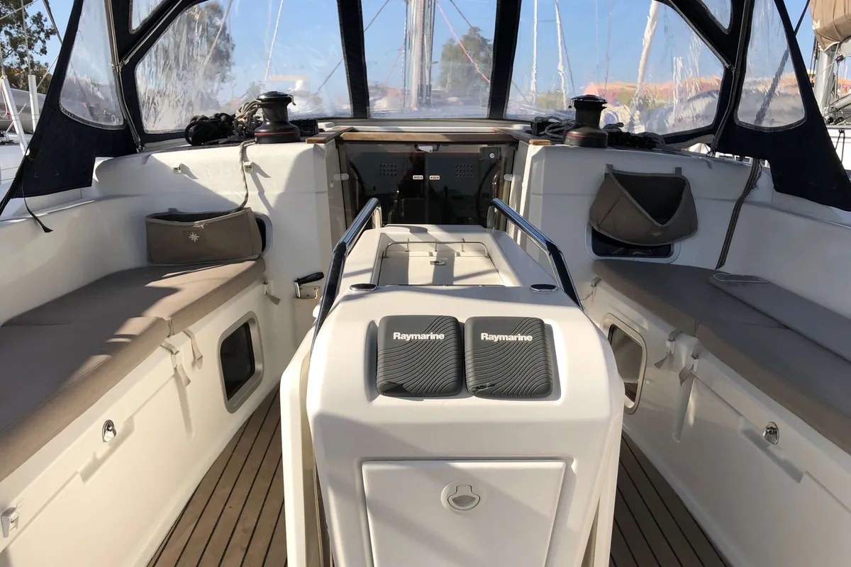Cockpit of Scooby Doo, a Jeanneau Sun Odyssey 469 sailboat at Municipal Unit of Lefkada, Greece