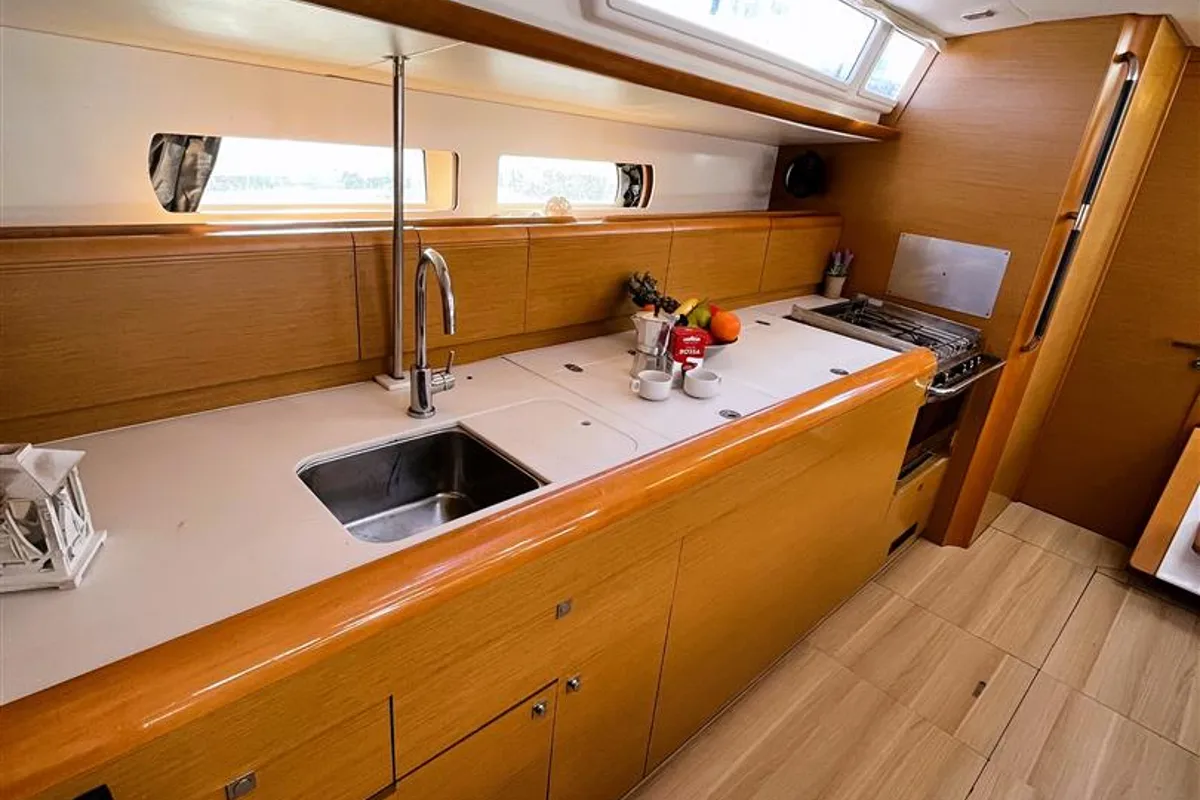 Galley of Scooby Doo, a Jeanneau Sun Odyssey 469 sailboat at Municipal Unit of Lefkada, Greece