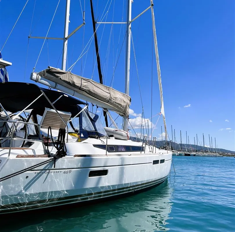 Exterior view of Scooby Doo, a Jeanneau Sun Odyssey 469 sailboat at Municipal Unit of Lefkada, Greece