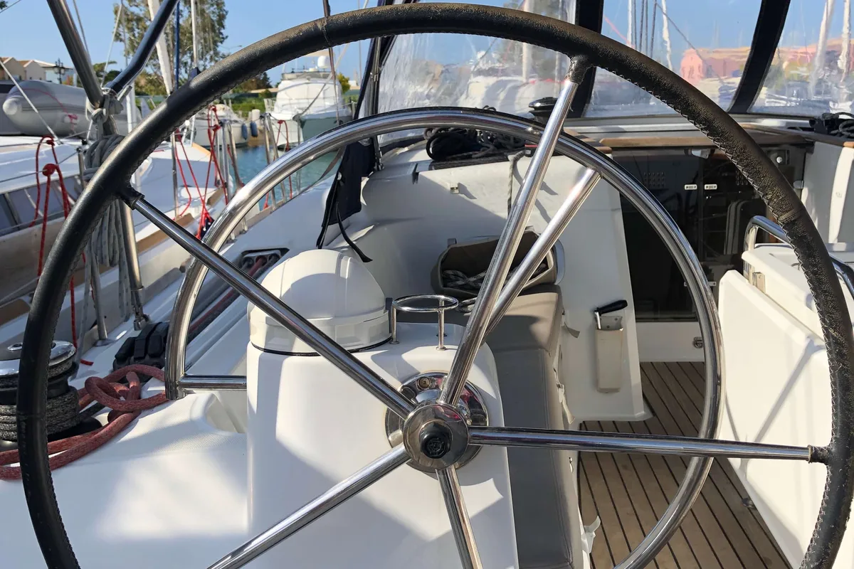 Cockpit of Scooby Doo, a Jeanneau Sun Odyssey 469 sailboat at Municipal Unit of Lefkada, Greece