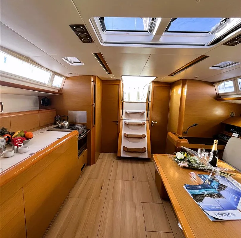Salon of Scooby Doo, a Jeanneau Sun Odyssey 469 sailboat at Municipal Unit of Lefkada, Greece