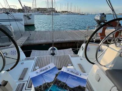 Cockpit of Scooby Doo, a Jeanneau Sun Odyssey 469 sailboat at Municipal Unit of Lefkada, Greece