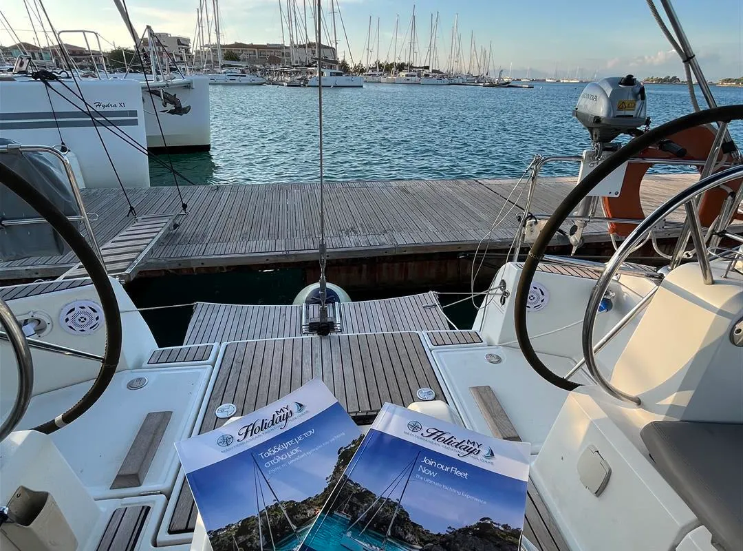 Cockpit of Scooby Doo, a Jeanneau Sun Odyssey 469 sailboat at Municipal Unit of Lefkada, Greece
