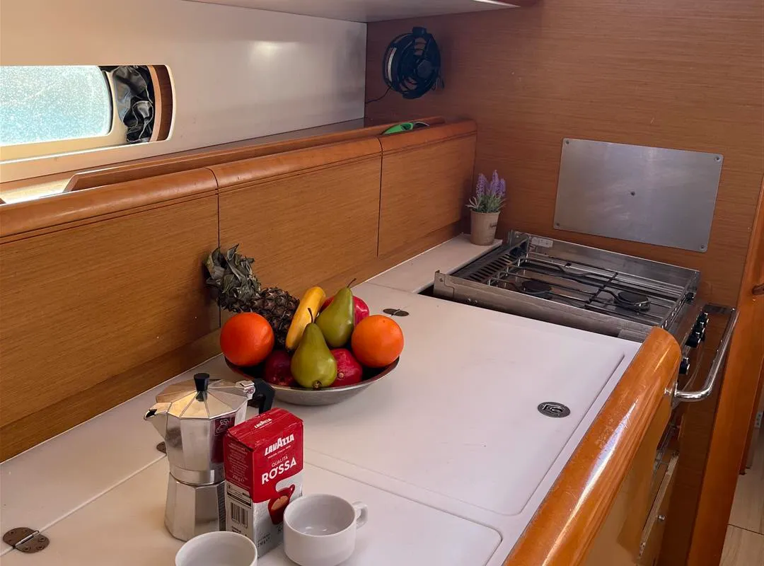 Galley of Scooby Doo, a Jeanneau Sun Odyssey 469 sailboat at Municipal Unit of Lefkada, Greece