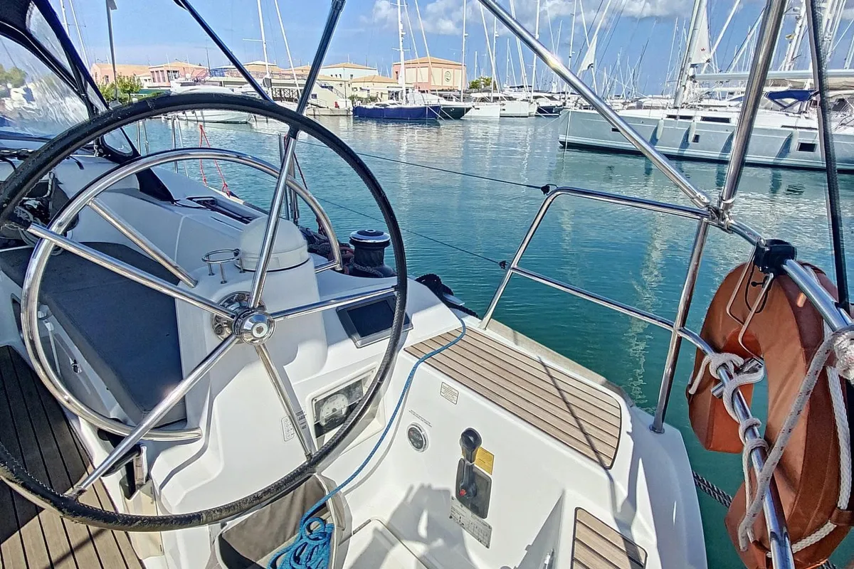 Cockpit of Scooby Doo, a Jeanneau Sun Odyssey 469 sailboat at Municipal Unit of Lefkada, Greece