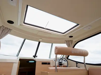 Cockpit of Solfège, a Nicols Sedan Primo motorboat at Sablé-sur-Sarthe, France