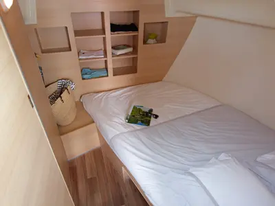 Cabin on Solfège, a Nicols Sedan Primo motorboat at Sablé-sur-Sarthe, France