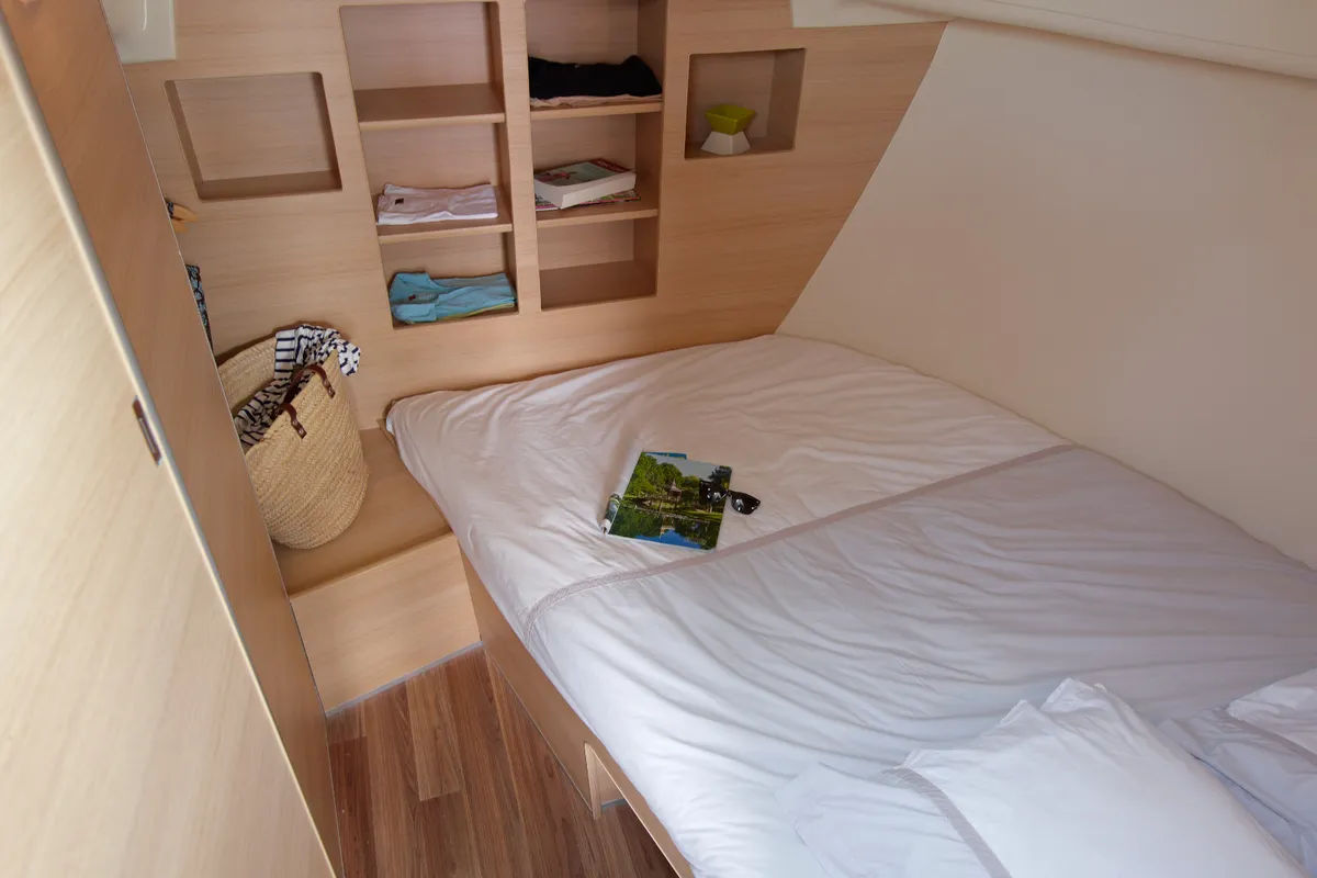Cabin on Solfège, a Nicols Sedan Primo motorboat at Sablé-sur-Sarthe, France