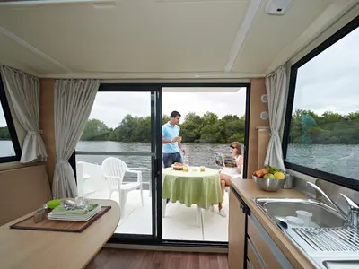 Salon of Solfège, a Nicols Sedan Primo motorboat at Sablé-sur-Sarthe, France